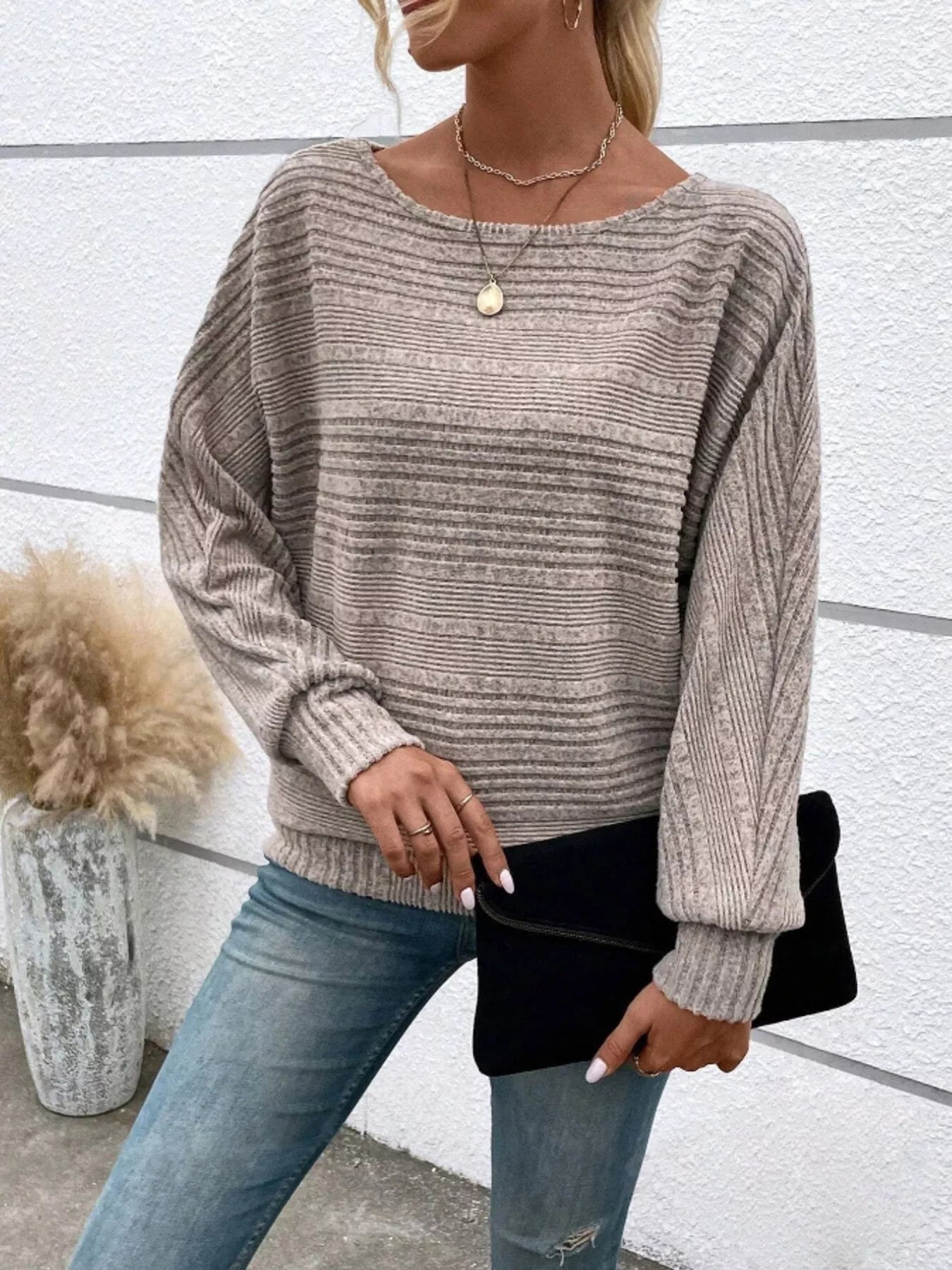 Ribbed Round Neck Long Sleeve Top 