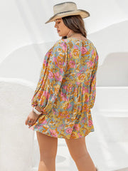 Plus Size Floral Tie Neck Balloon Sleeve Romper 