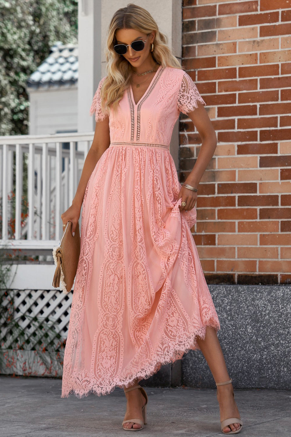 Scalloped Trim Lace Plunge Dress 