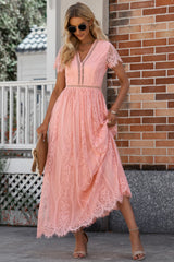 Scalloped Trim Lace Plunge Dress 