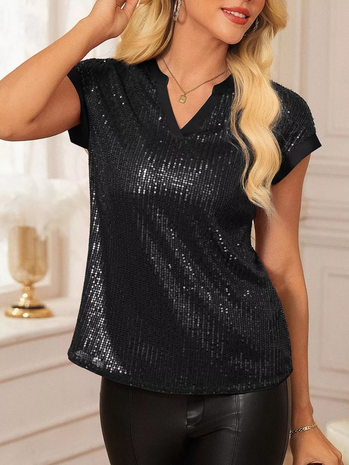 Sequin Notched Cap Sleeve Blouse 