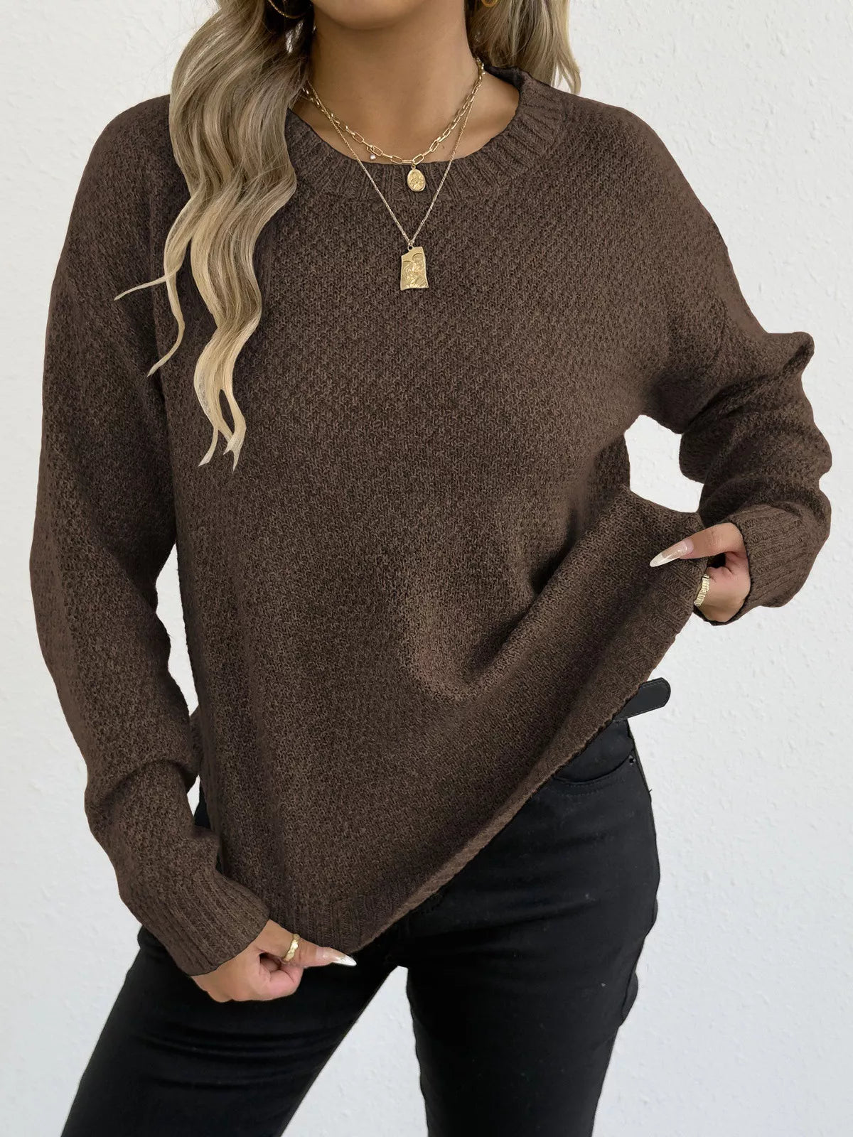 Textured Knit Relaxed Fit Round Neck Sweater 