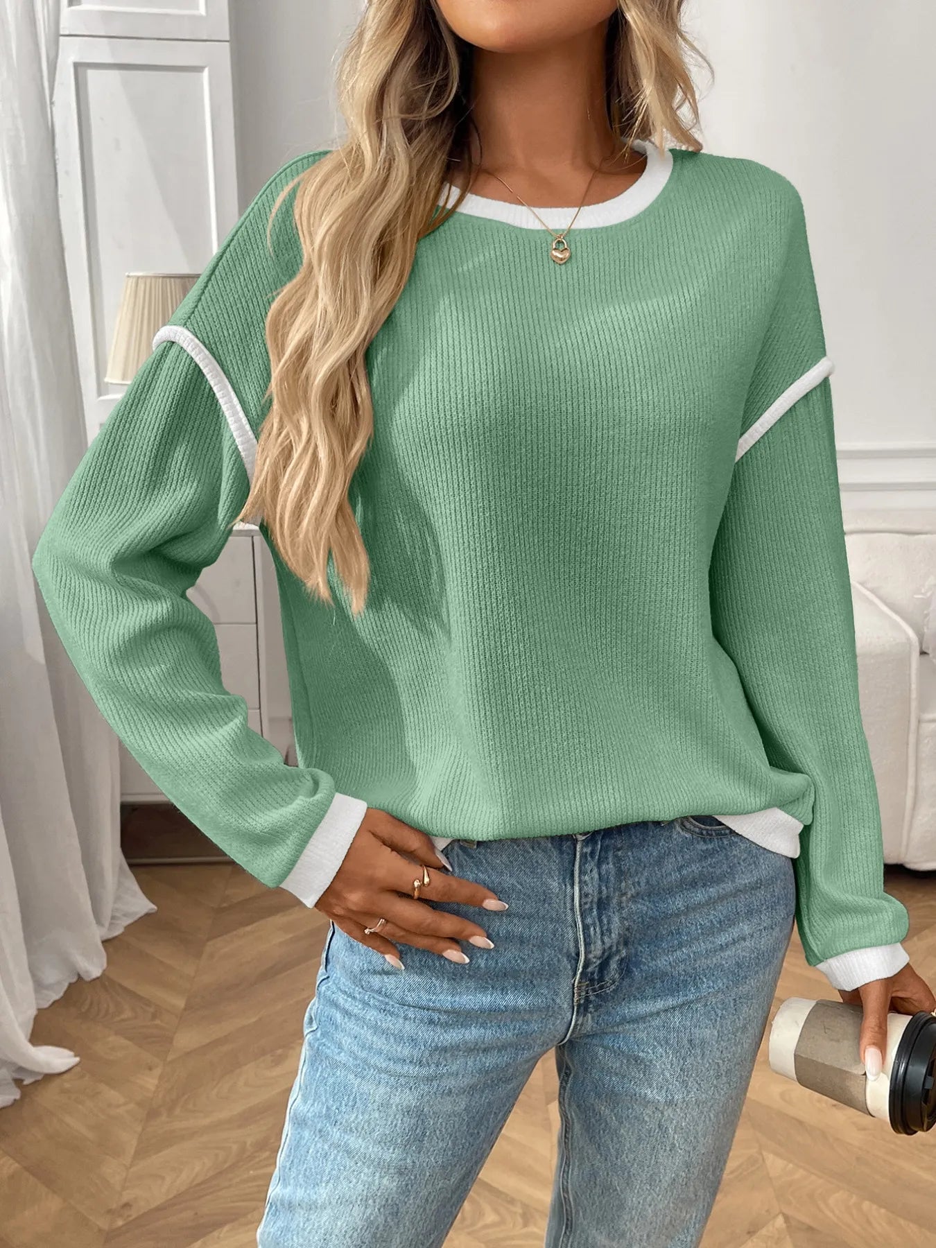 Ribbed Contrast Trim Long Sleeve Top 