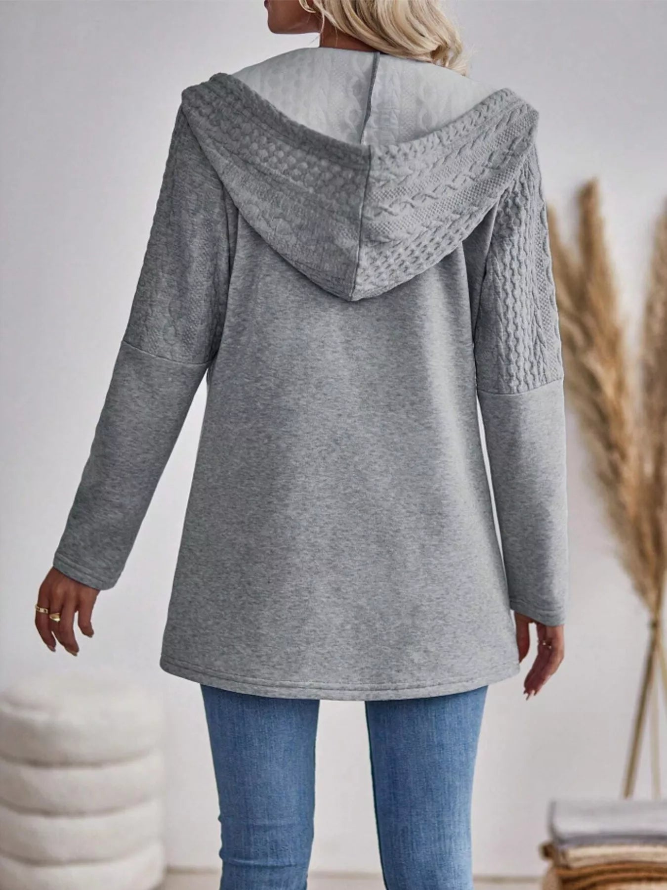 Drawstring Textured Zip Up Drawstring Hooded Jacket 