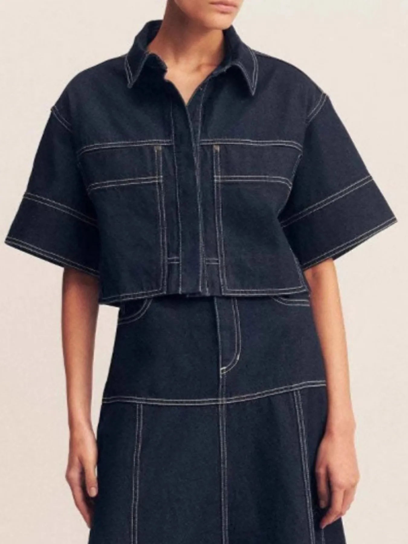 Cropped Short Sleeve Contrast Stitch Denim Top 