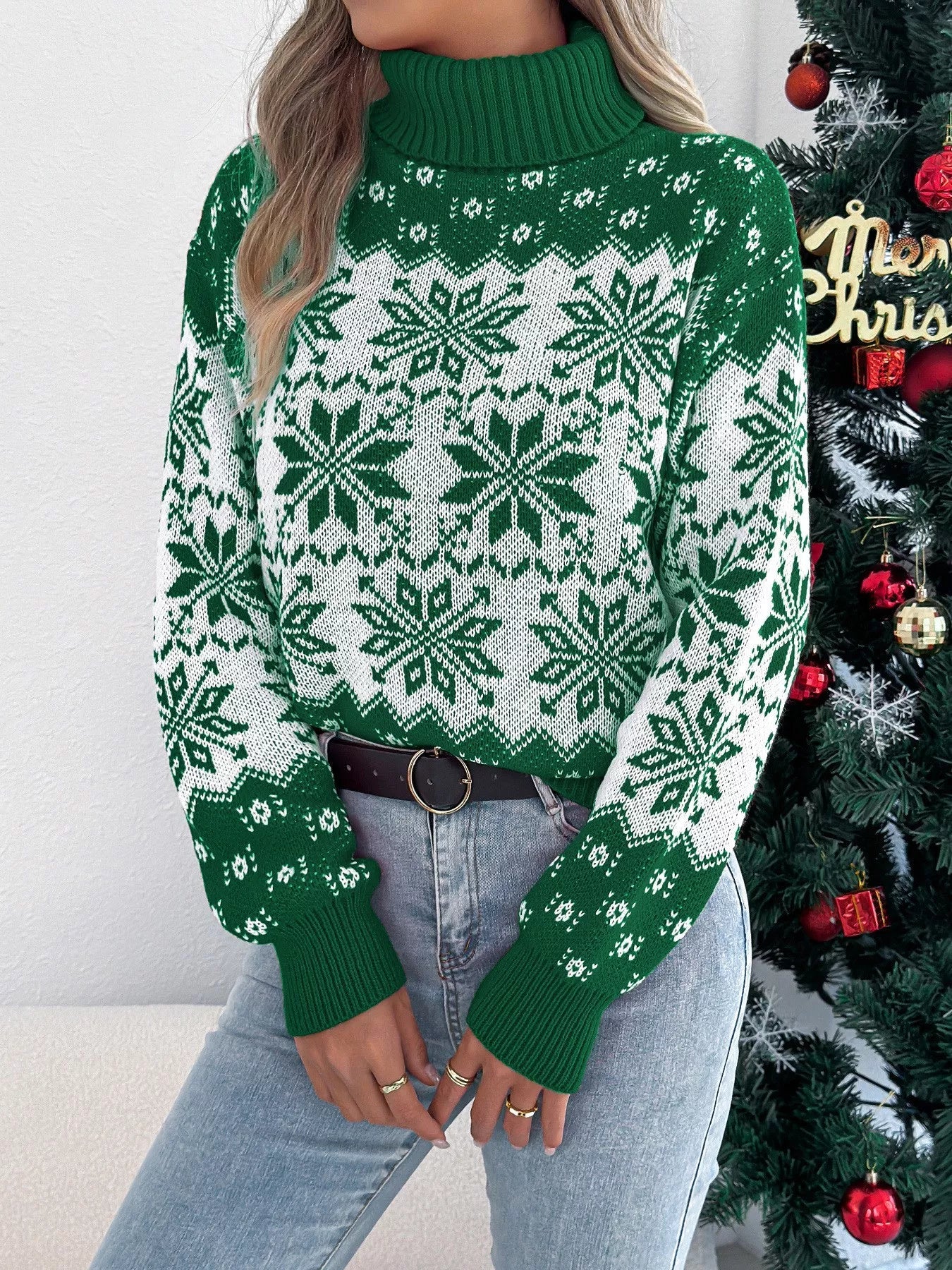 Christmas Snowflake Turtleneck Long Sleeve Sweater 