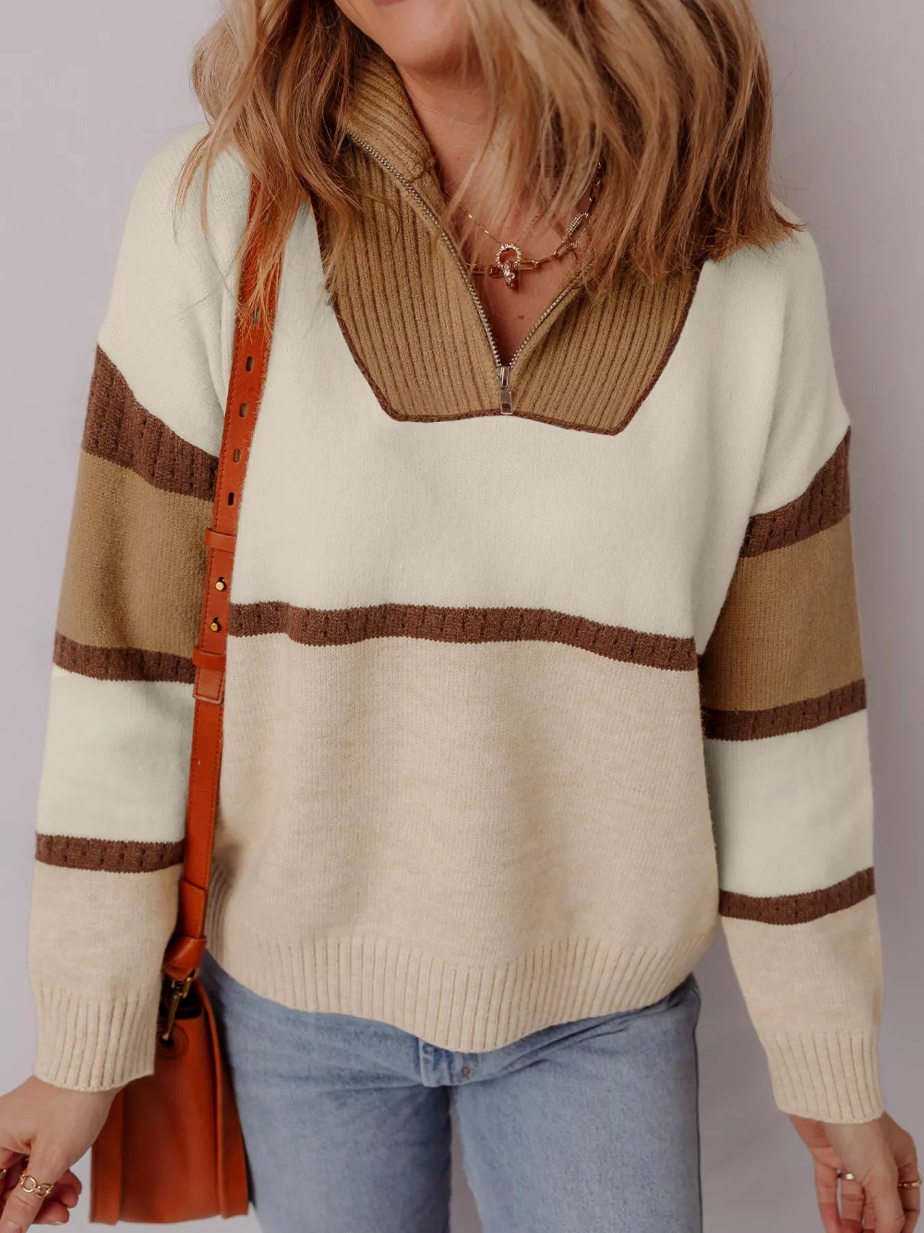 Color Block Zipped Collared Sweater 