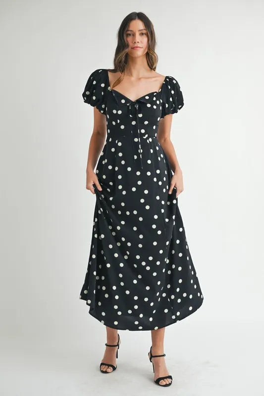 MABLE Polka Dot Puff Sleeve Midi Dress 