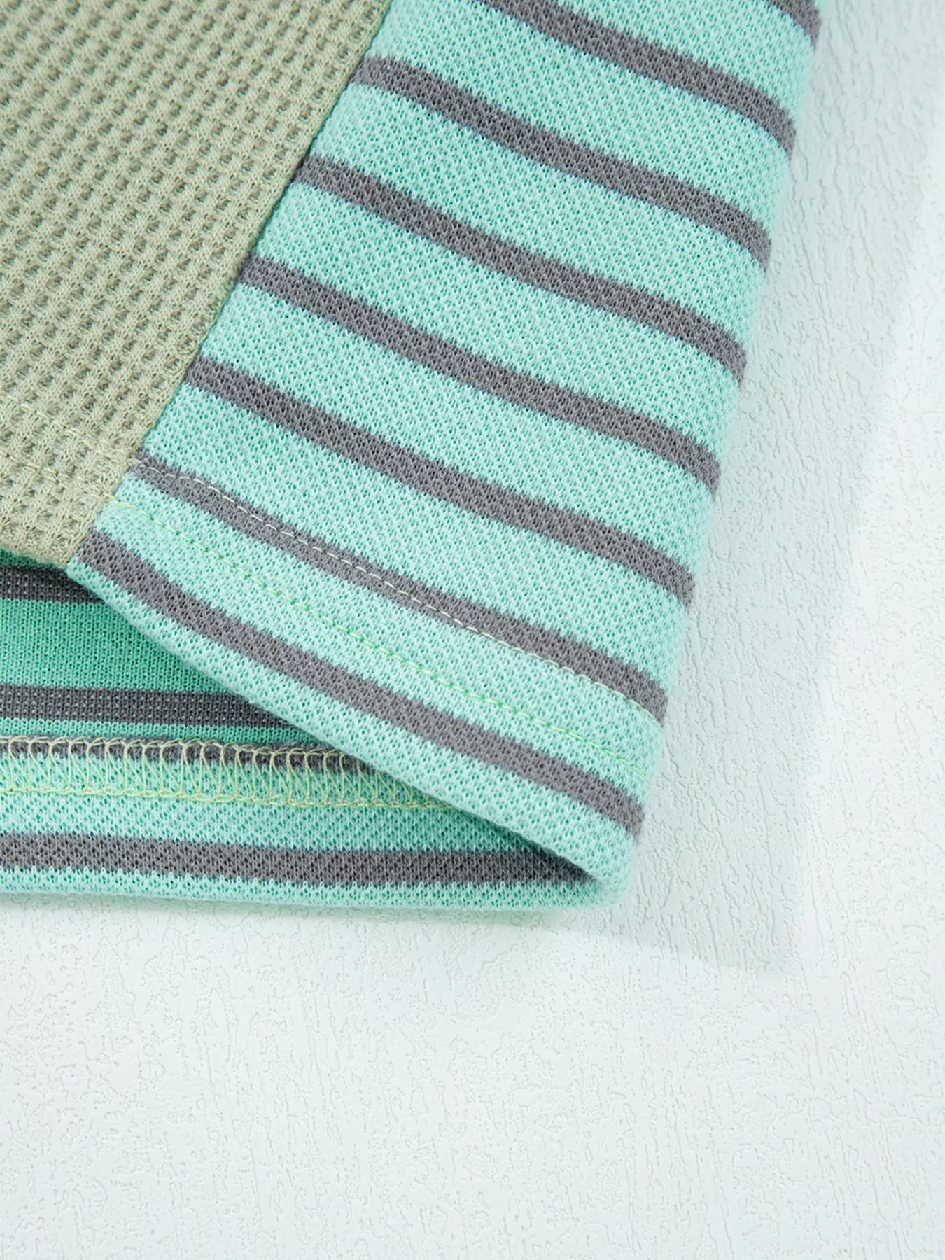 Exposed Seam Waffle Striped Patchwork Baggy Blouse 