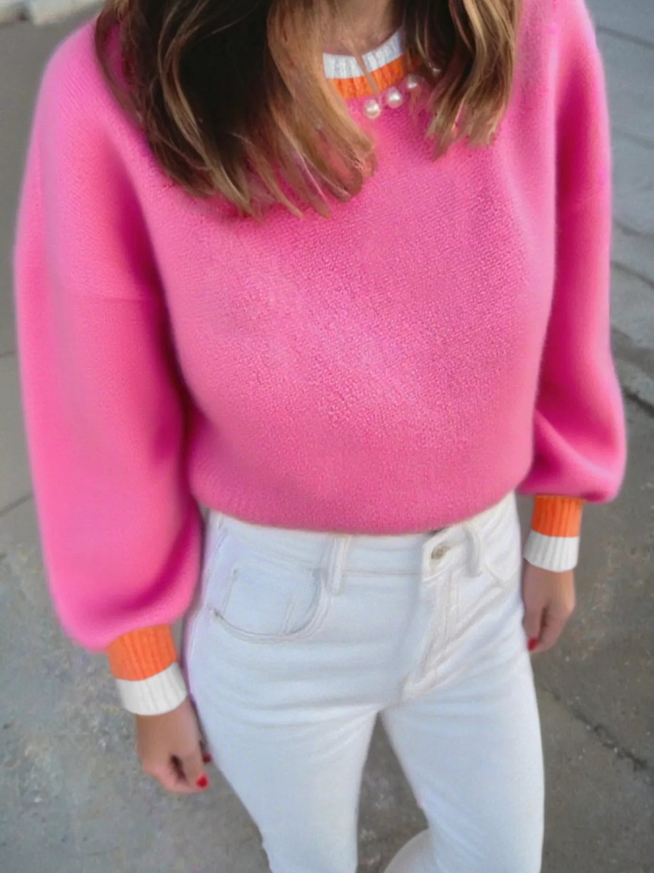 Contrast Crew Neck Pearled Decor Drop Shoulder Knit Sweater 