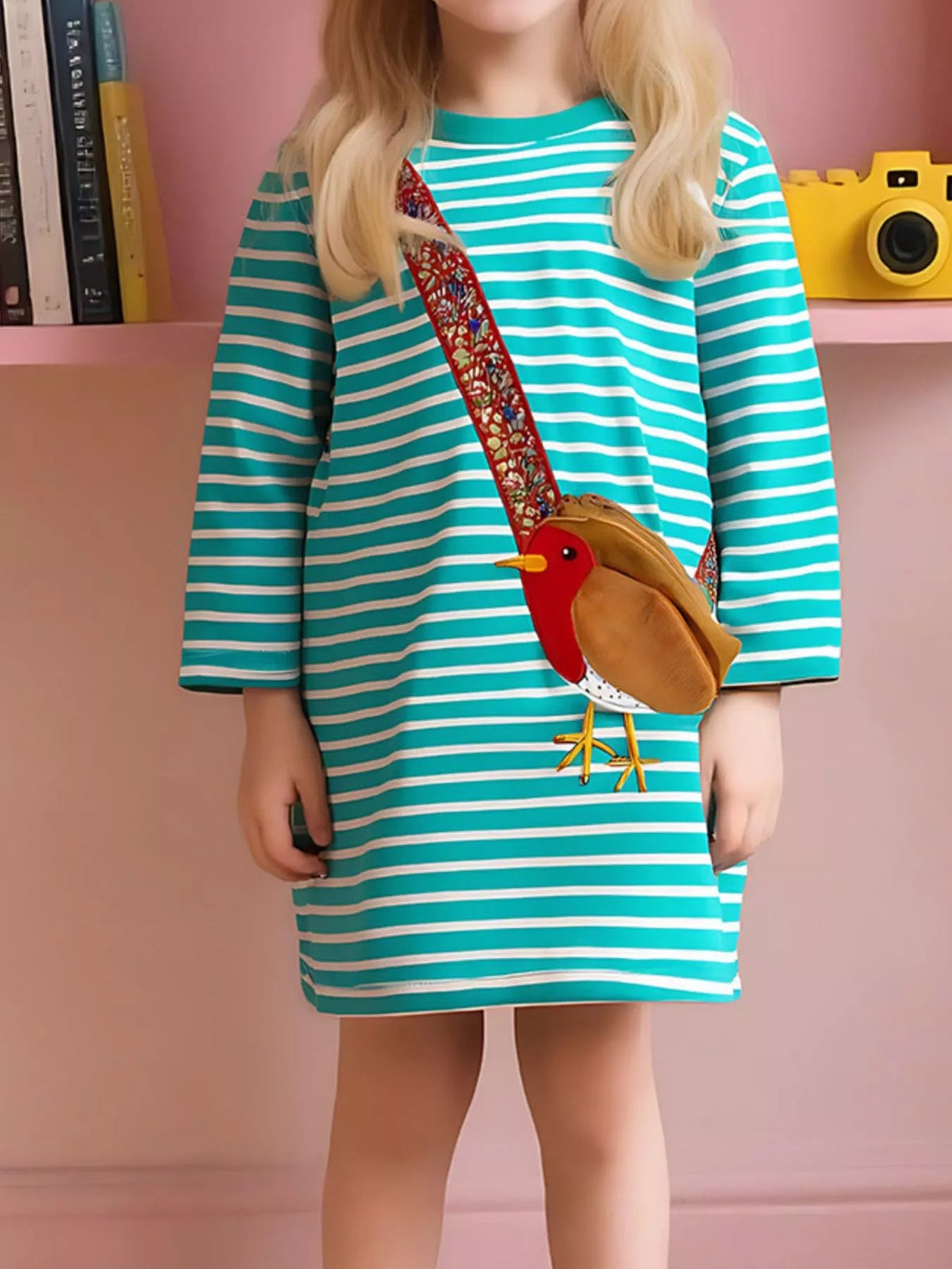 Children's Striped Bird Applique Long Sleeve Dress 