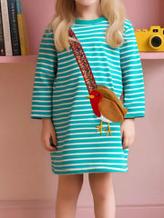 Children's Striped Bird Applique Long Sleeve Dress 
