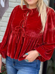 Plus Size Tie Front Velvet Peplum Blouse 
