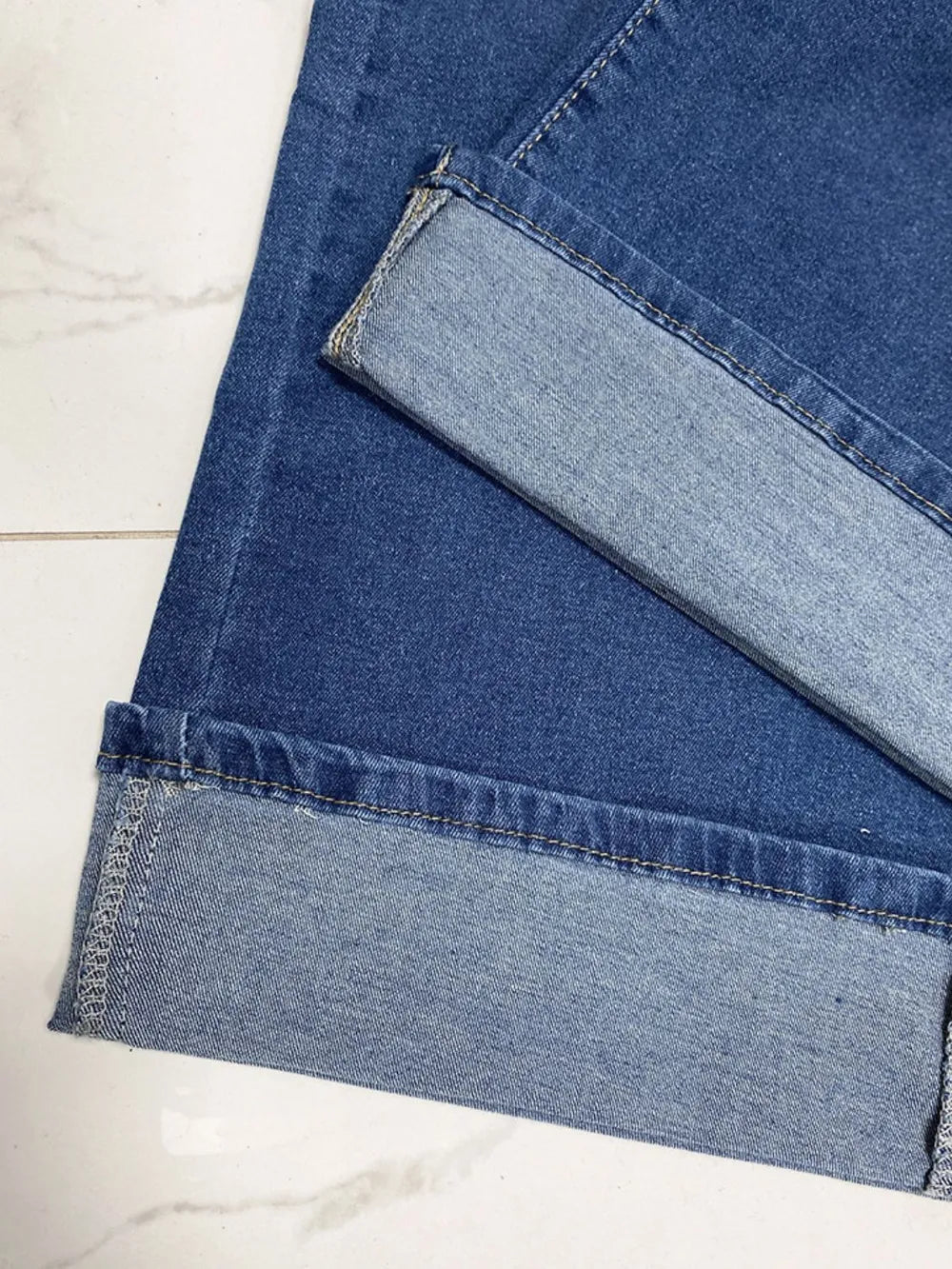 High Rise Rolled Straight Leg Jeans 