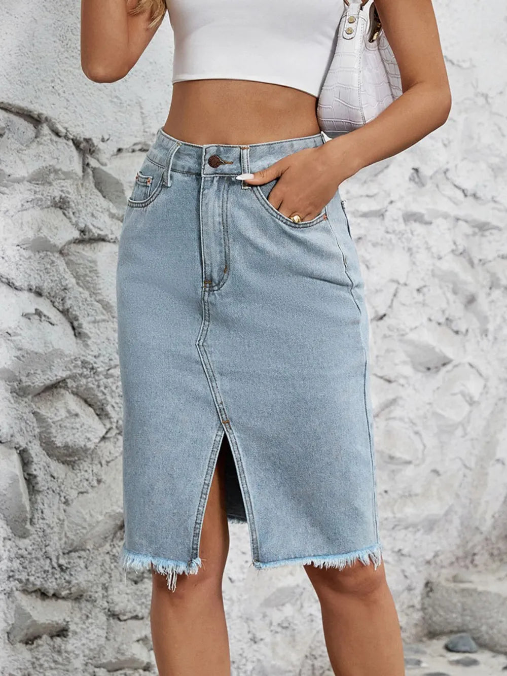Raw Hem Slit Denim Skirt 