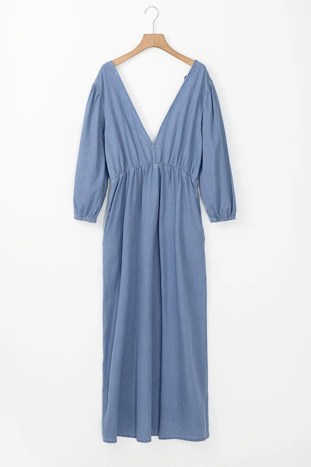 Tied Plunge Three-Quarter Sleeve Denim Dress 