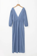 Tied Plunge Three-Quarter Sleeve Denim Dress 