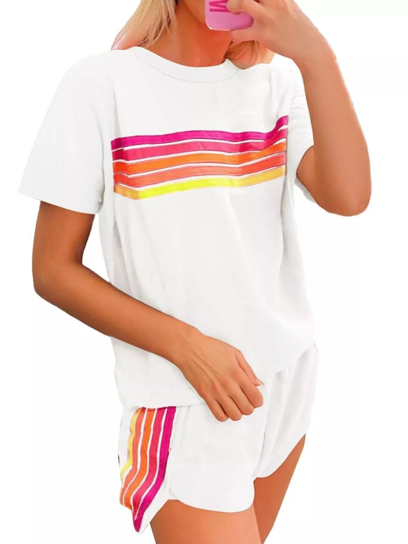 Rainbow Striped Round Neck Top and Shorts Set 