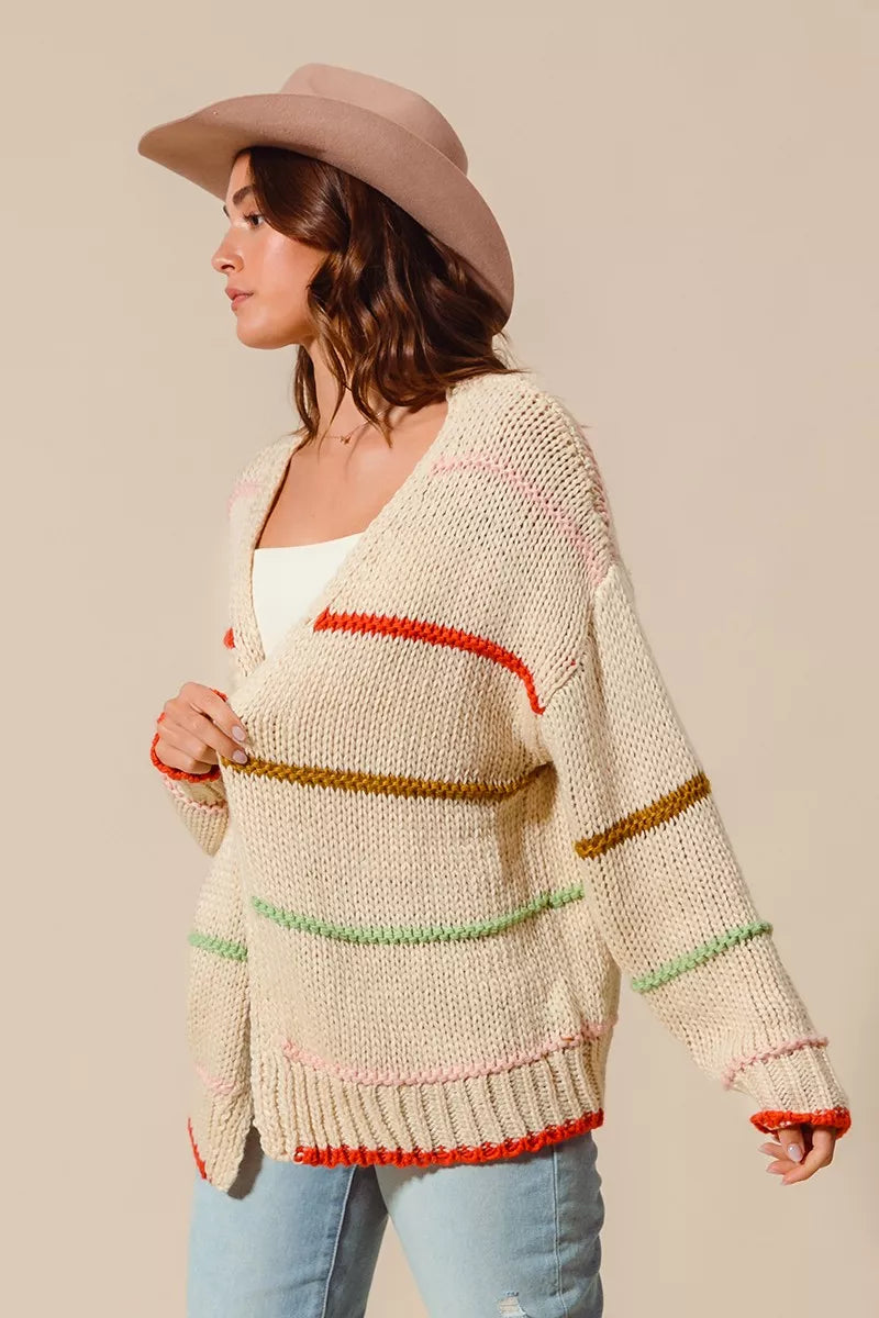 SO ME Loose Fit Multi Stripe Open Front Cardigan 