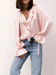 Ruffle Trim Satin Flounce Sleeve Blouse 