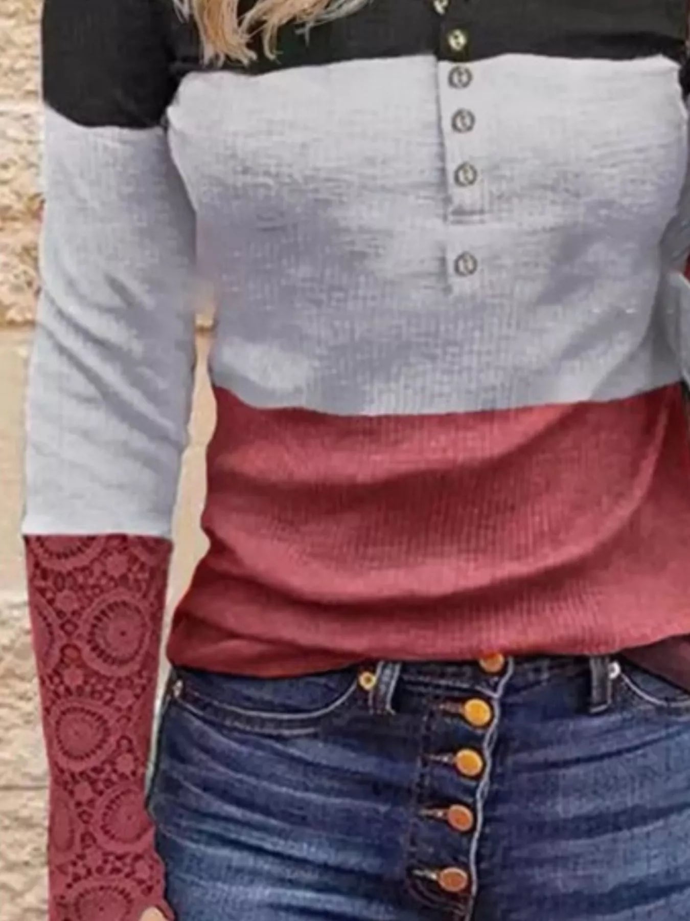 Color Block Lace Detail Half Button T-Shirt 