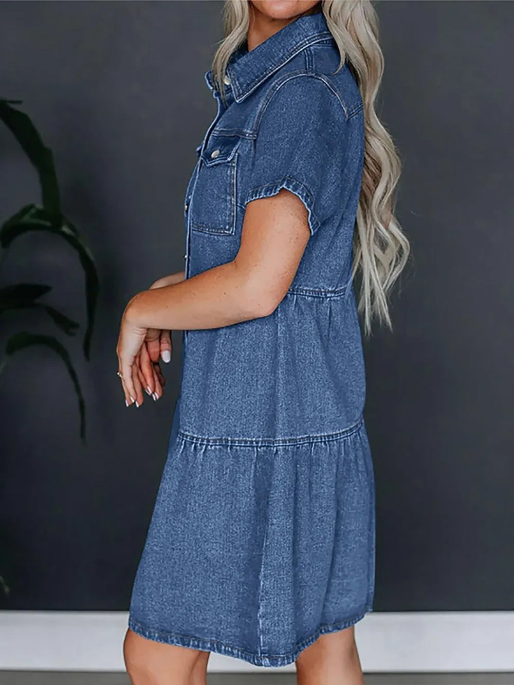 Pocketed Button Up Collared Neck Short Sleeve Denim Dress 