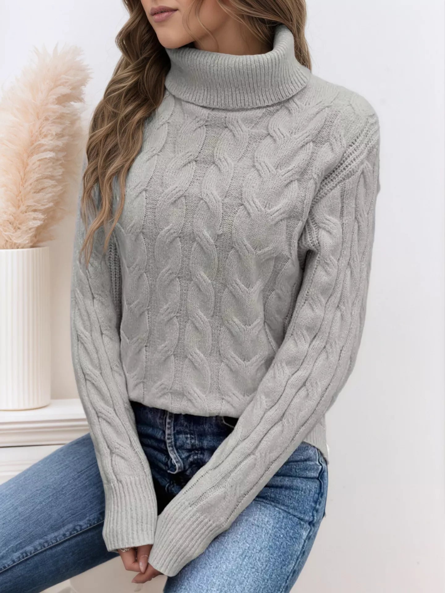 Cable Knit Turtleneck Long Sleeve Sweater 