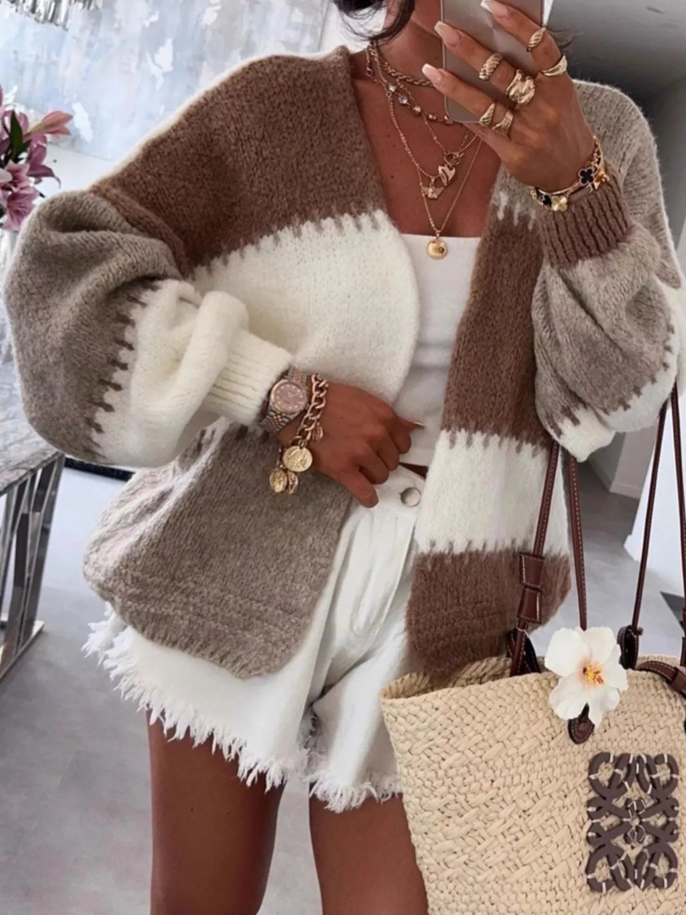 Color Block Open Front Cardigan 