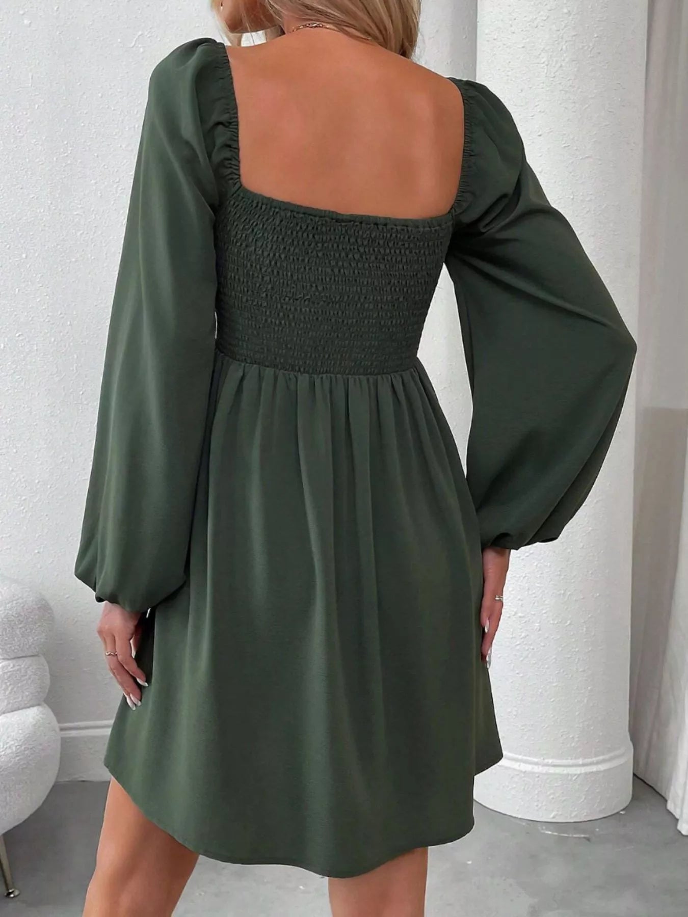 Ruched Square Neck Long Sleeve A-Line Dress 