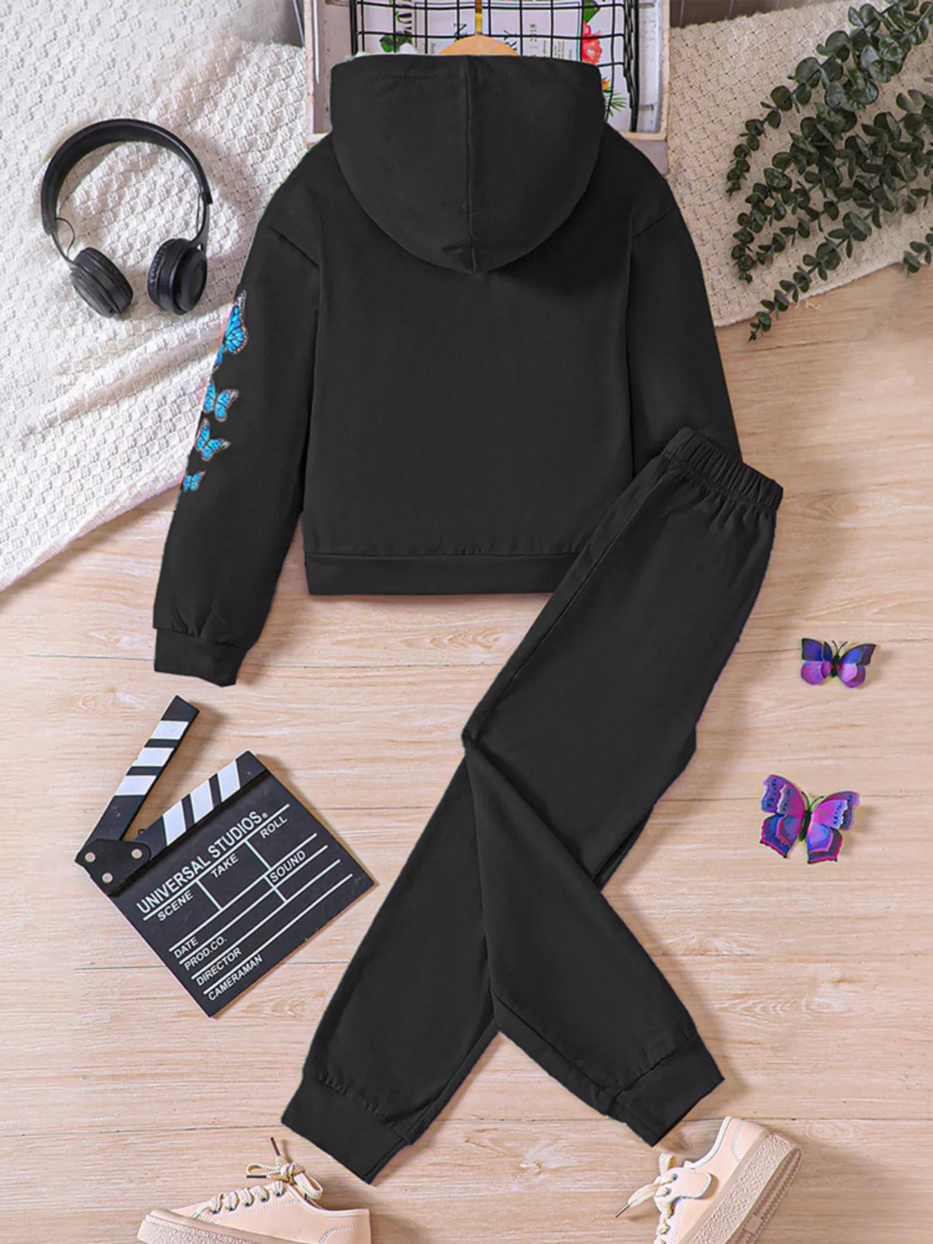 Childrens's Butterfly Print Hoodie & Pants Set 