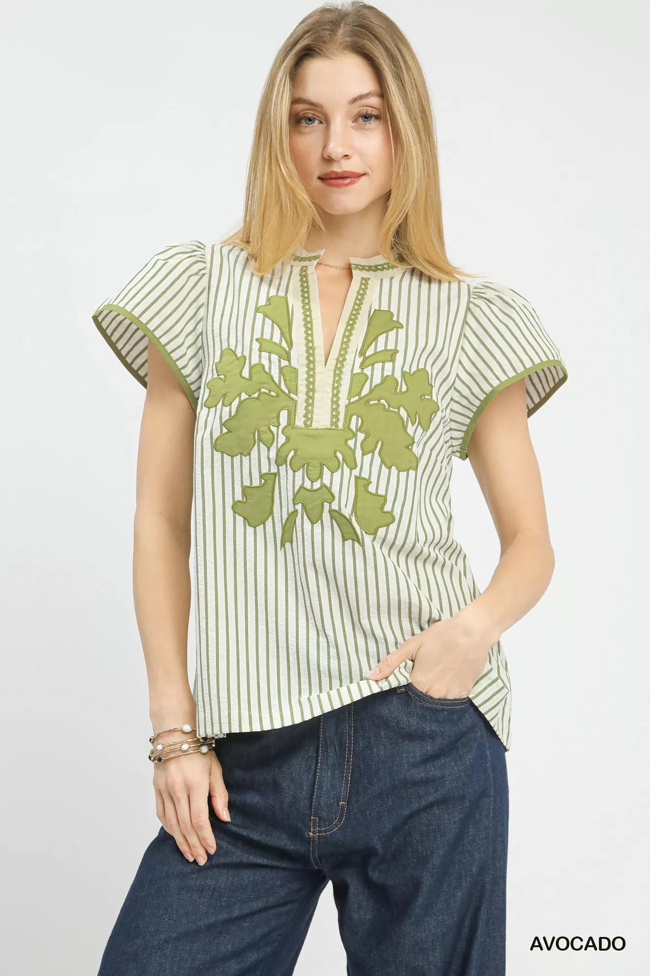 Umgee V-Neck Stripe Top with Lace Trim 