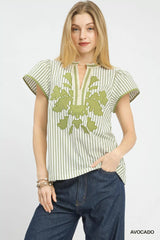 Umgee V-Neck Stripe Top with Lace Trim 