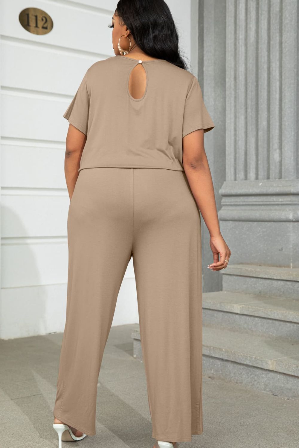 Plus Size Drawstring Waist Short Sleeve Jumpsuit 