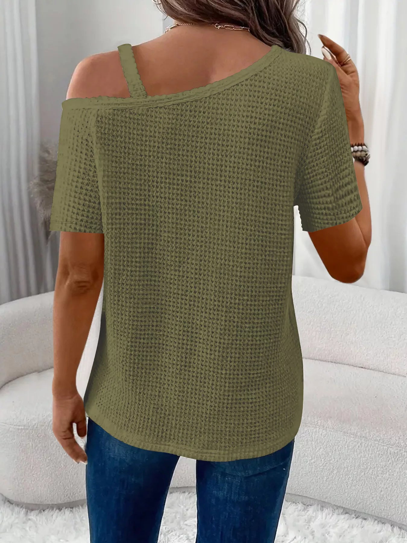 One-Shoulder Chain Detail Waffle Knit T-Shirt 