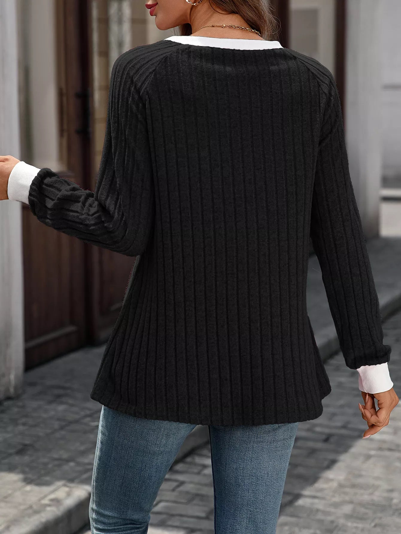 Ribbed Round Neck Raglan Sleeve Knit Top 