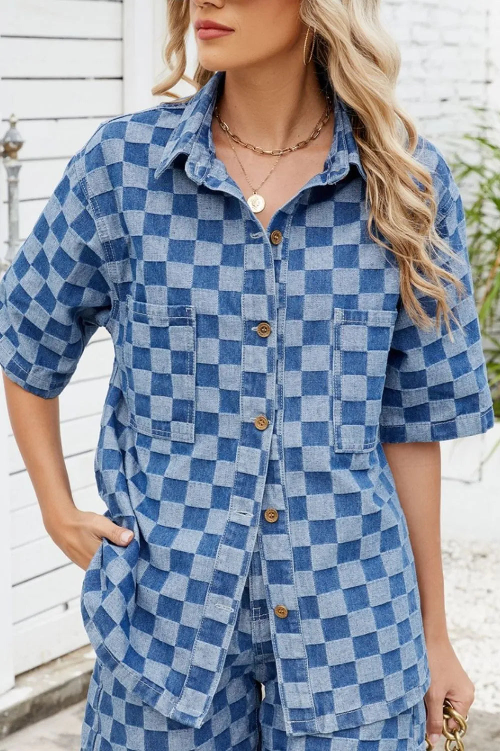 Button Down Checkered Denim Shirt 
