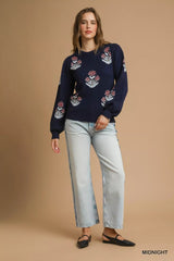 Umgee Floral Knit Sweater with Puff Sleeves 