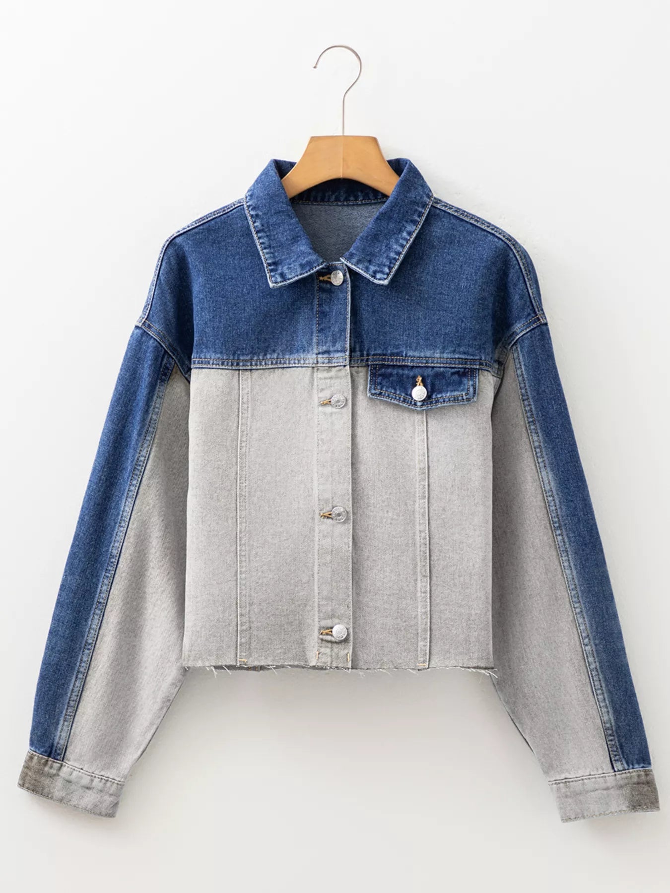 Color Block Patchwork Raw Hem Denim Jacket 