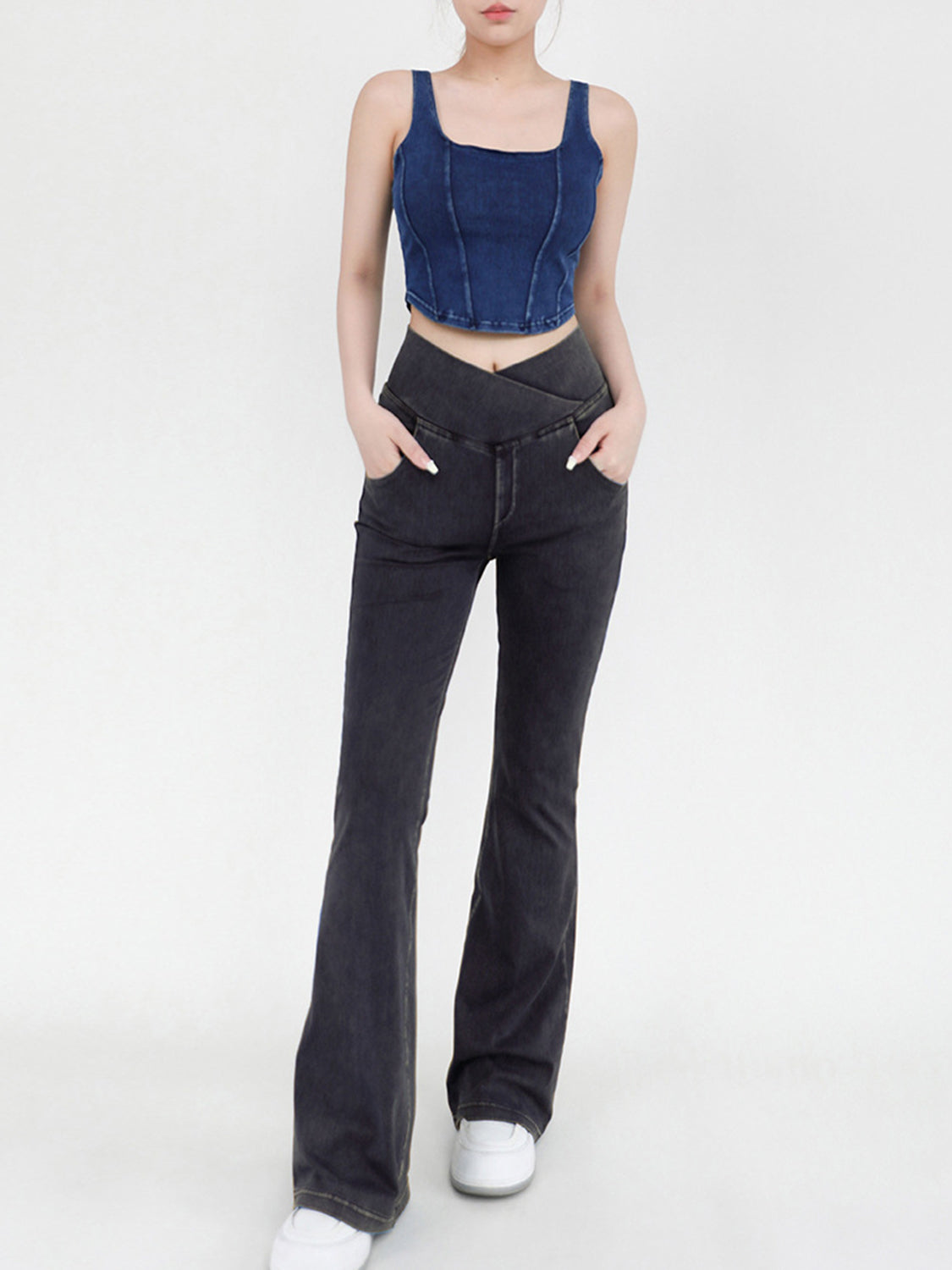Wide Waistband Bootcut Jeans with Pockets 