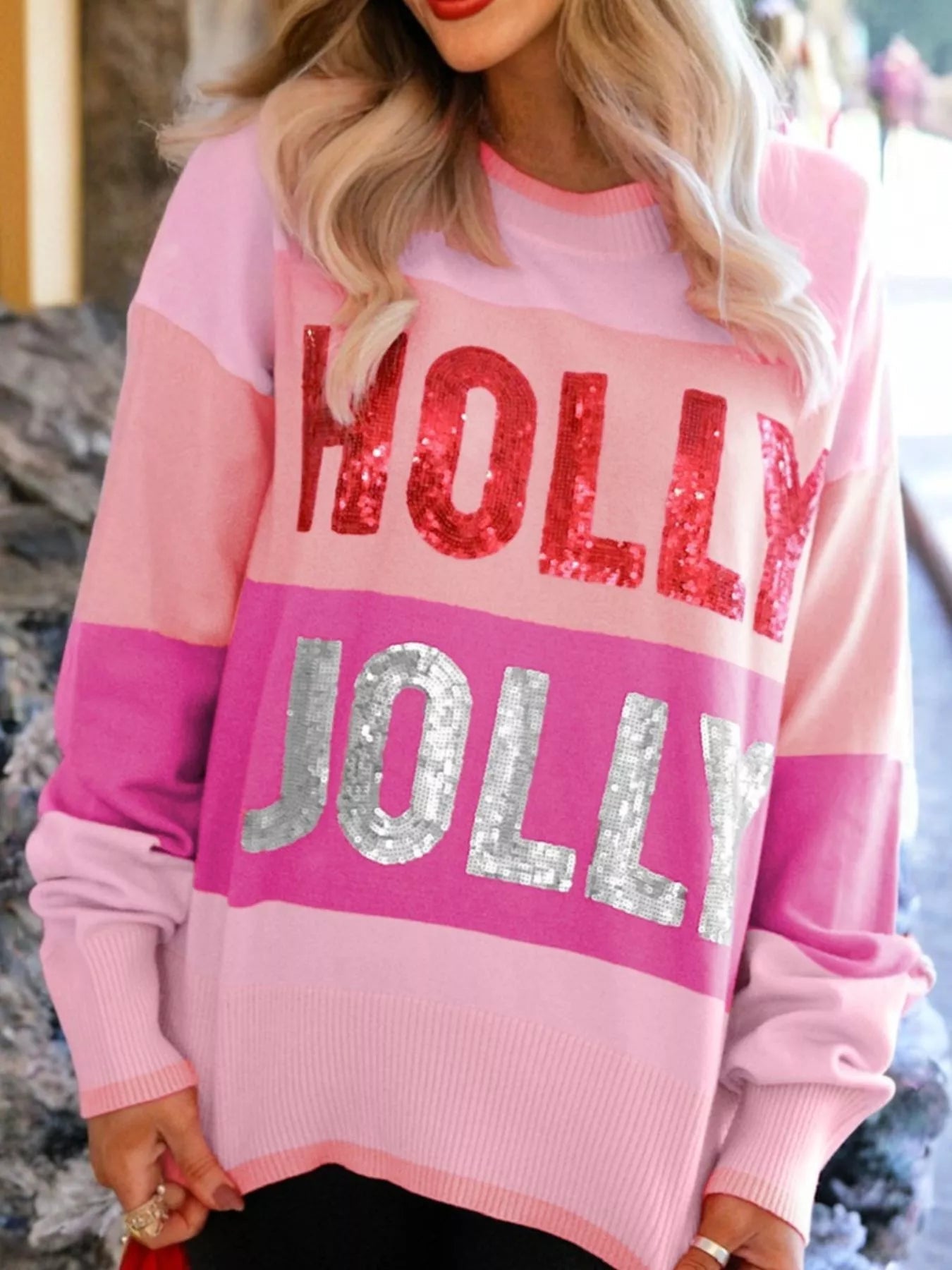 Sequined HOLLY JOLLY Color Block Crew Neck Sweater 