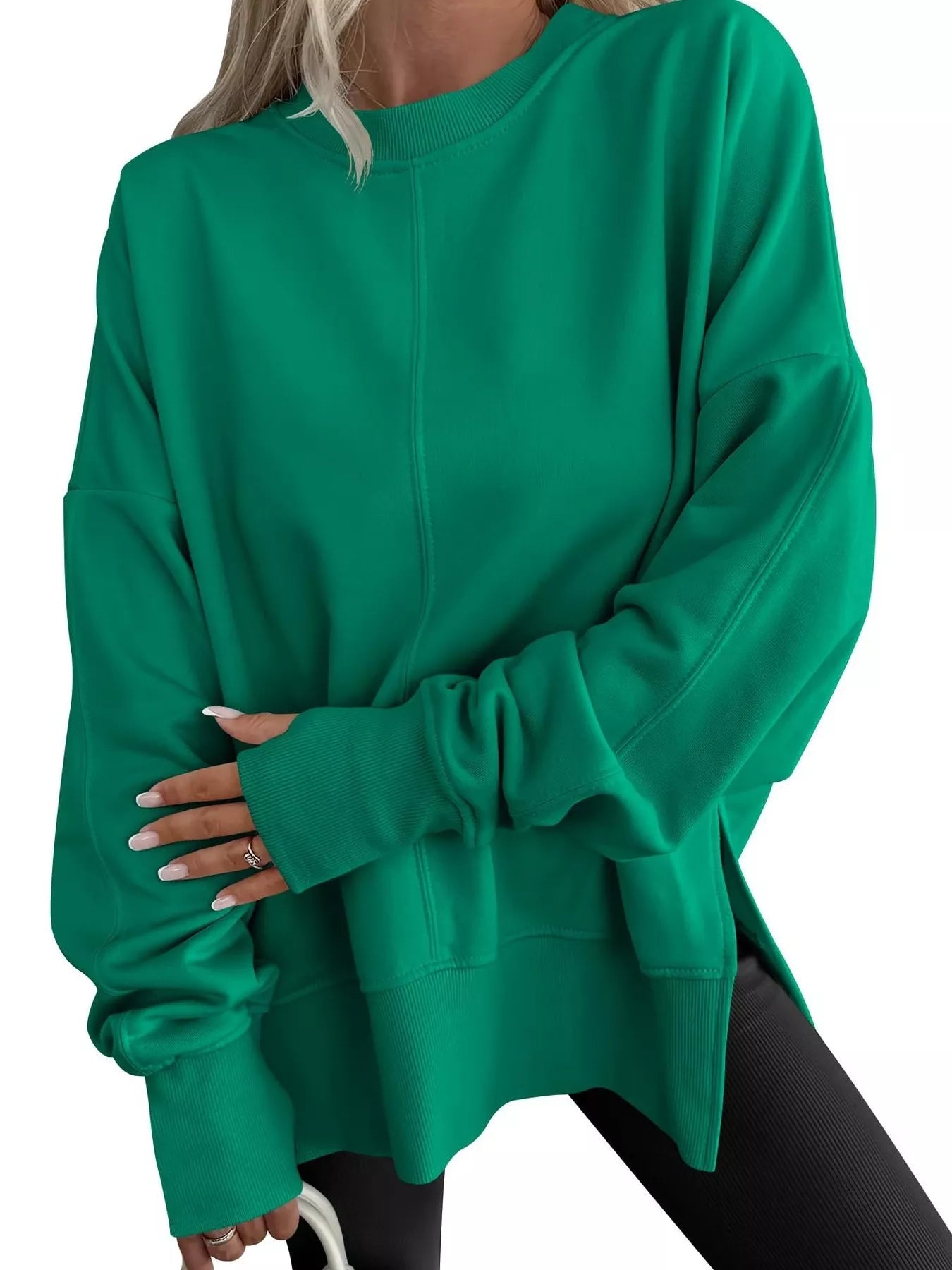 Side Slit Round Neck Long Sleeve Sweatshirt 