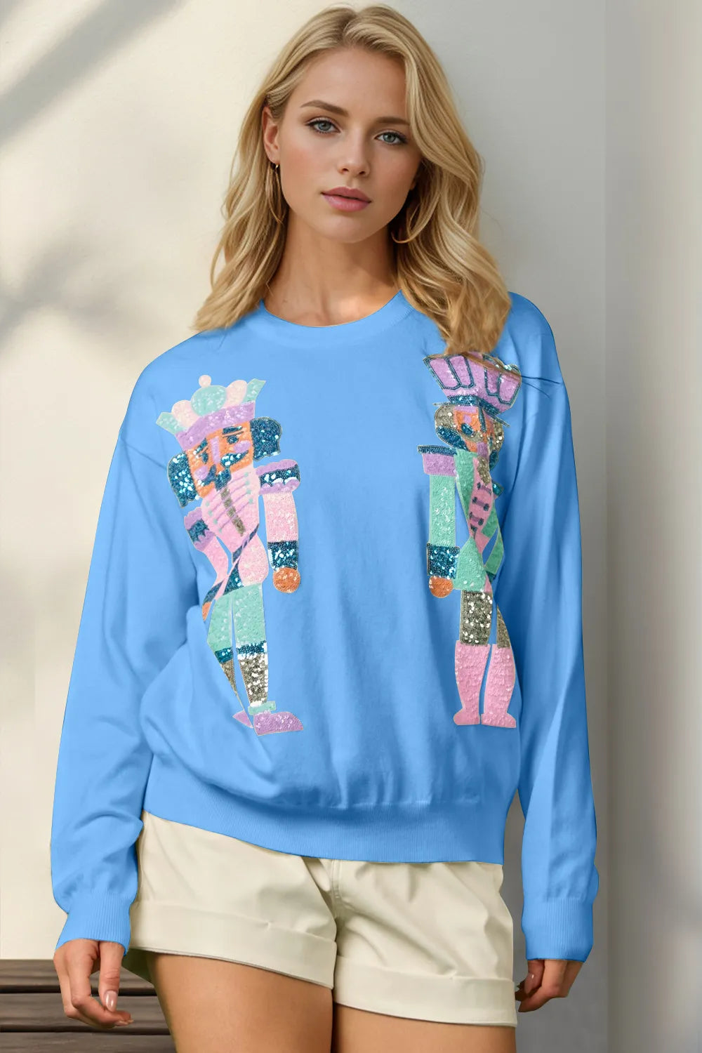 Double Take Full Size Sequin Nutcracker Long Sleeve Sweater 