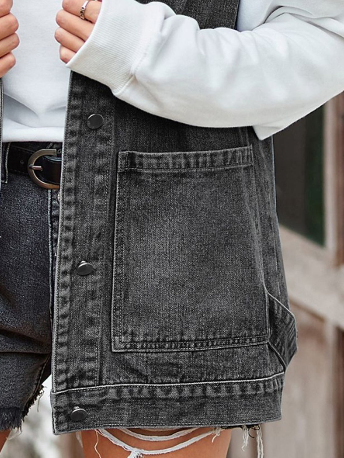 Button Up Sleeveless Denim Jacket with Pockets 