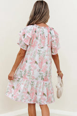 Floral Contrast Edge Layered Short Sleeve Mini Dress 