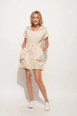 And The Why Short Sleeve String Details Hooded Mini Dress 