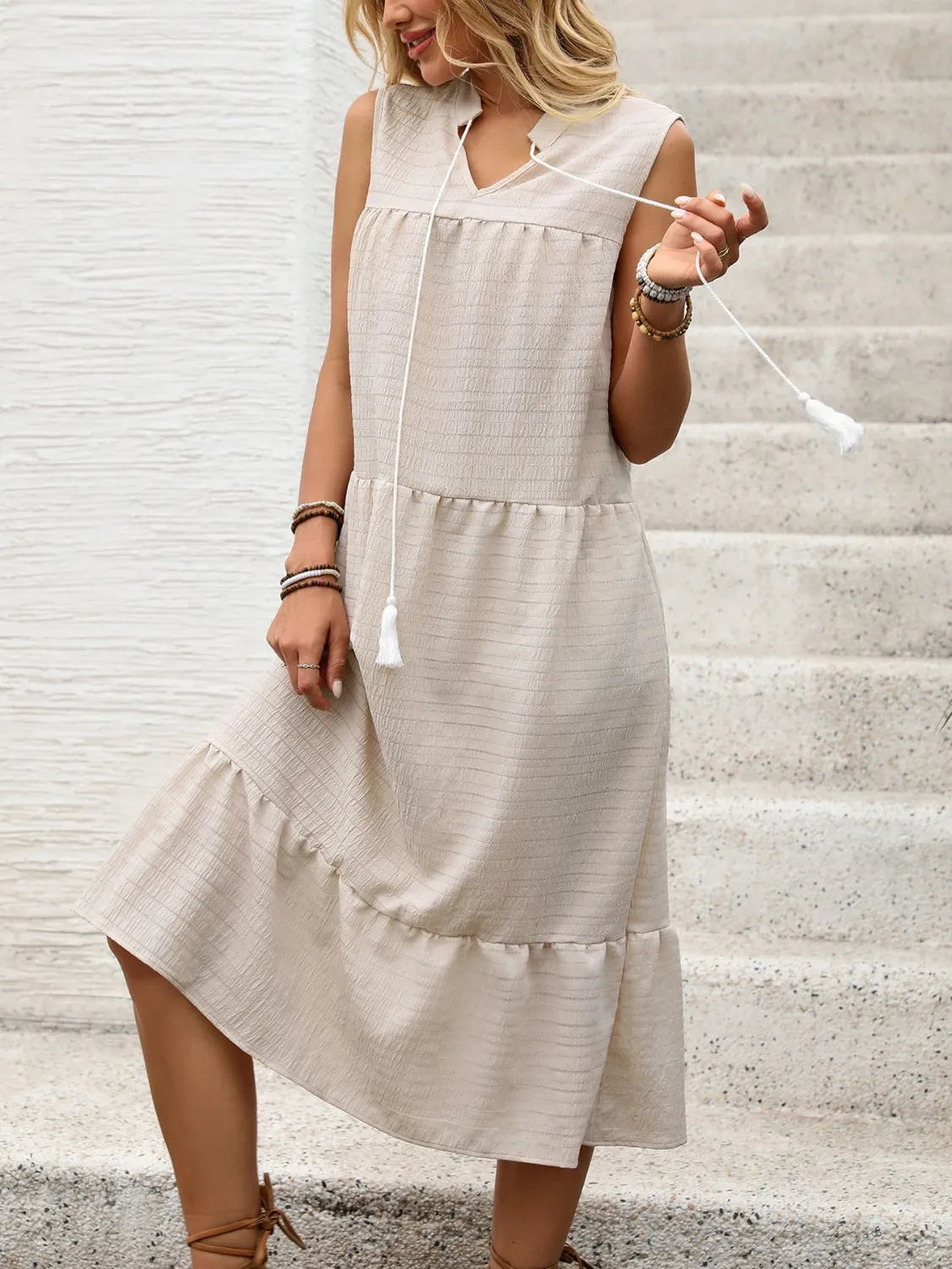 Tie Neck Sleeveless Ruffled Hem Dress 