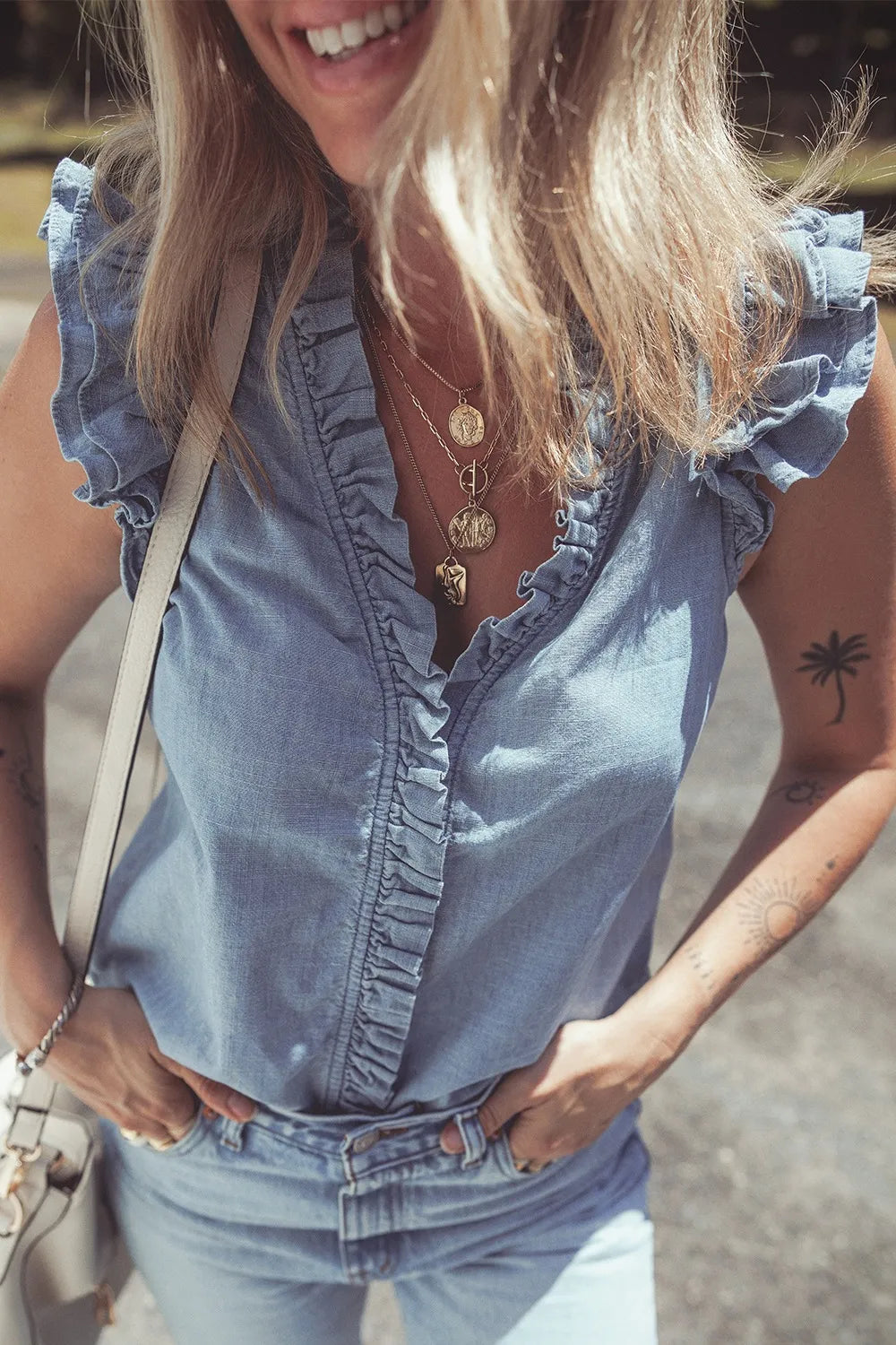 Frilly Ruffle Trim V Neck Chambray Tank 