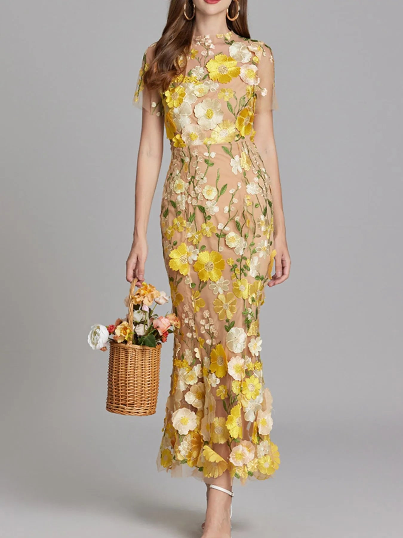 Floral Embroidered Mesh Overlay Maxi Dress 
