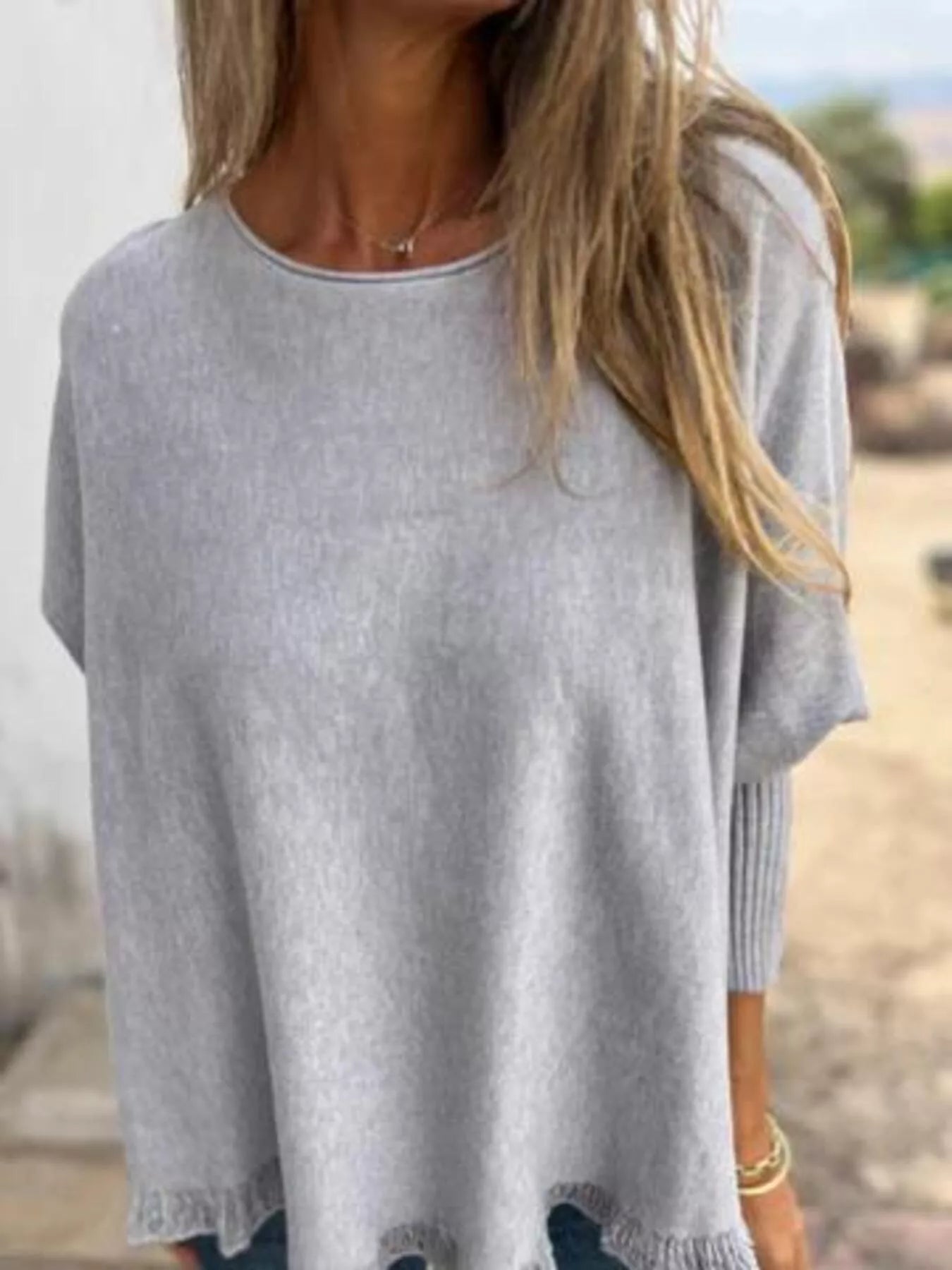Full Size Round Neck Long Sleeve Knit Top with Lace Trim Plus Size 