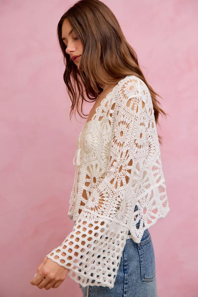 SO ME Floral Pattern Crochet Knit Tie Front Crop Cardigan 